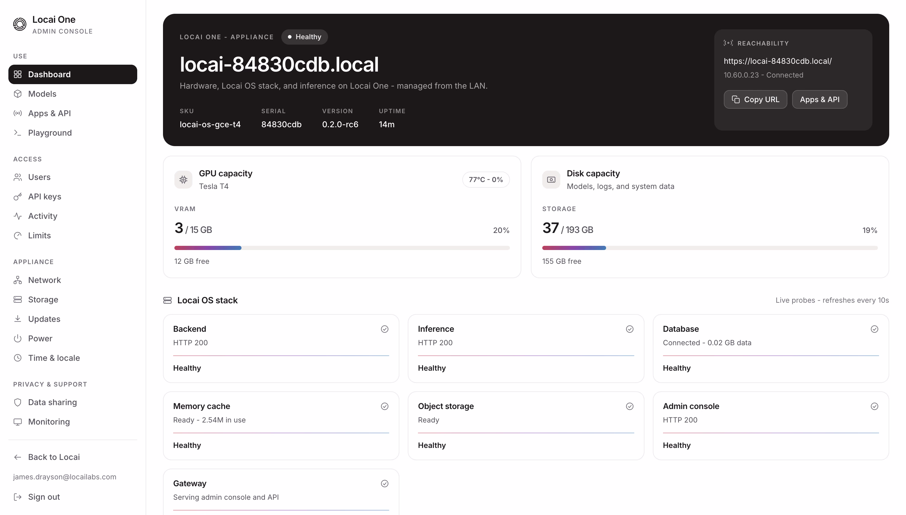 The Locai OS Management Portal dashboard showing GPU capacity and service health