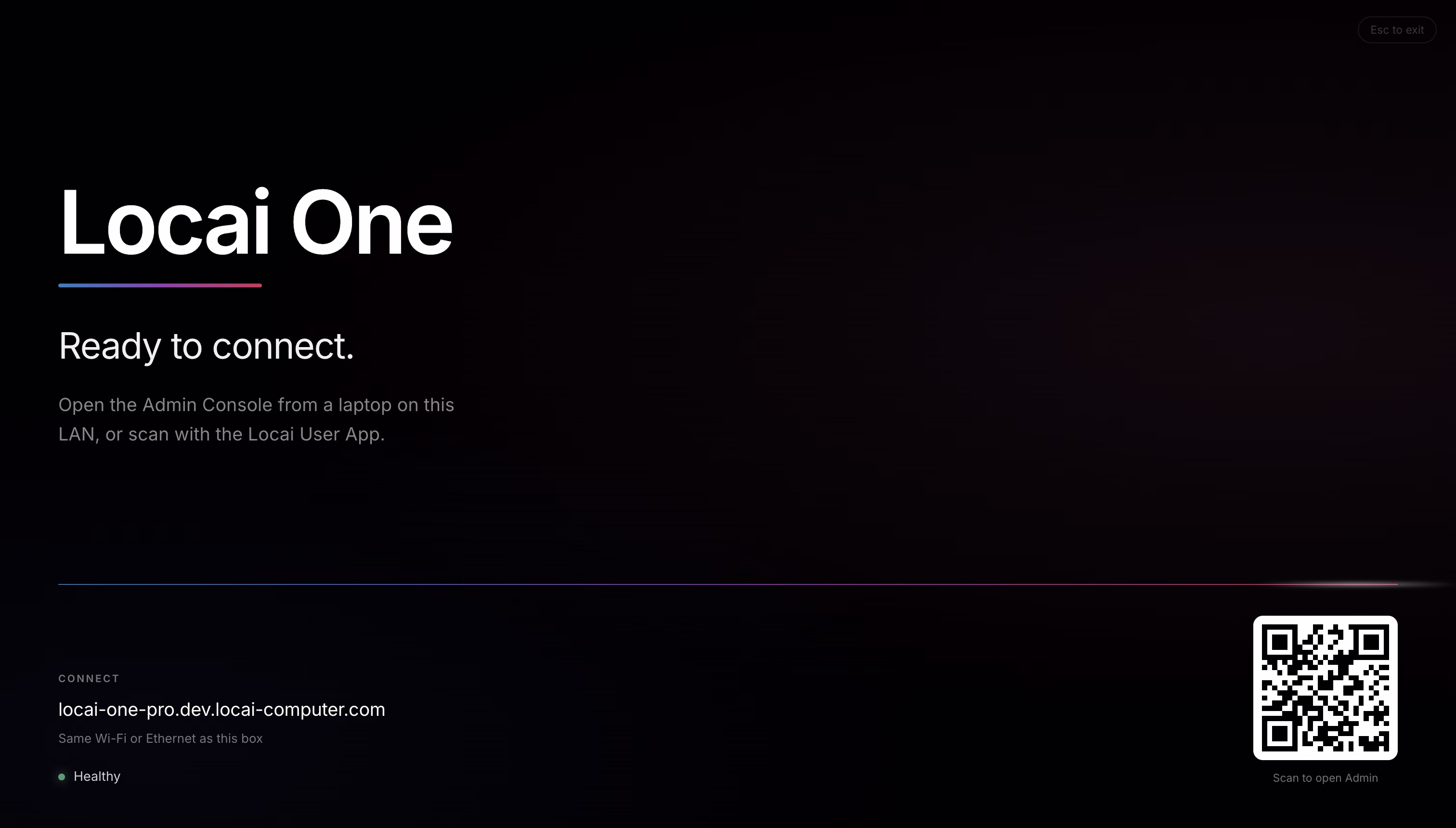 The Locai One ready-to-connect screen, showing its local address and a pairing code